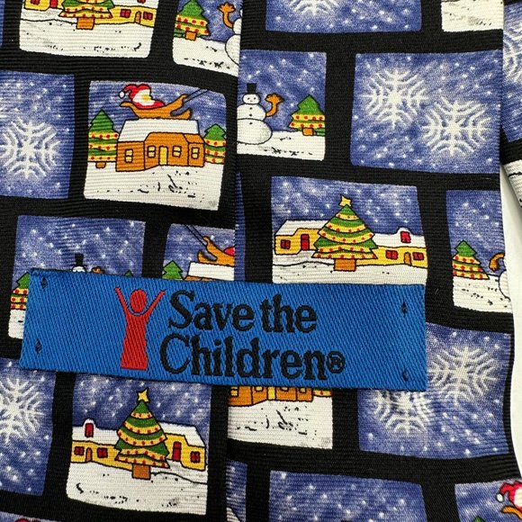 Save The Children Neck Tie Mens 100% Silk Blue Scenes Of Christmas Holiday Snow - Picture 6 of 8